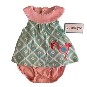 Cutie Pie Infant 2 Pc Pink & Green Cotton Diaper Cover & Top Sz 3-6 mos Flamingo